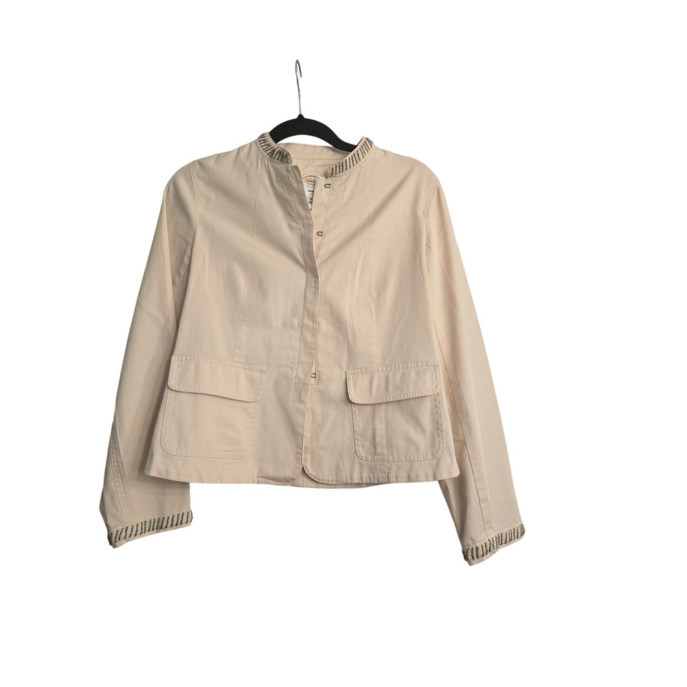 Talbots Petites Beige Beaded Trim Jacket Size 10P Stretch Cotton Mandarin Collar
